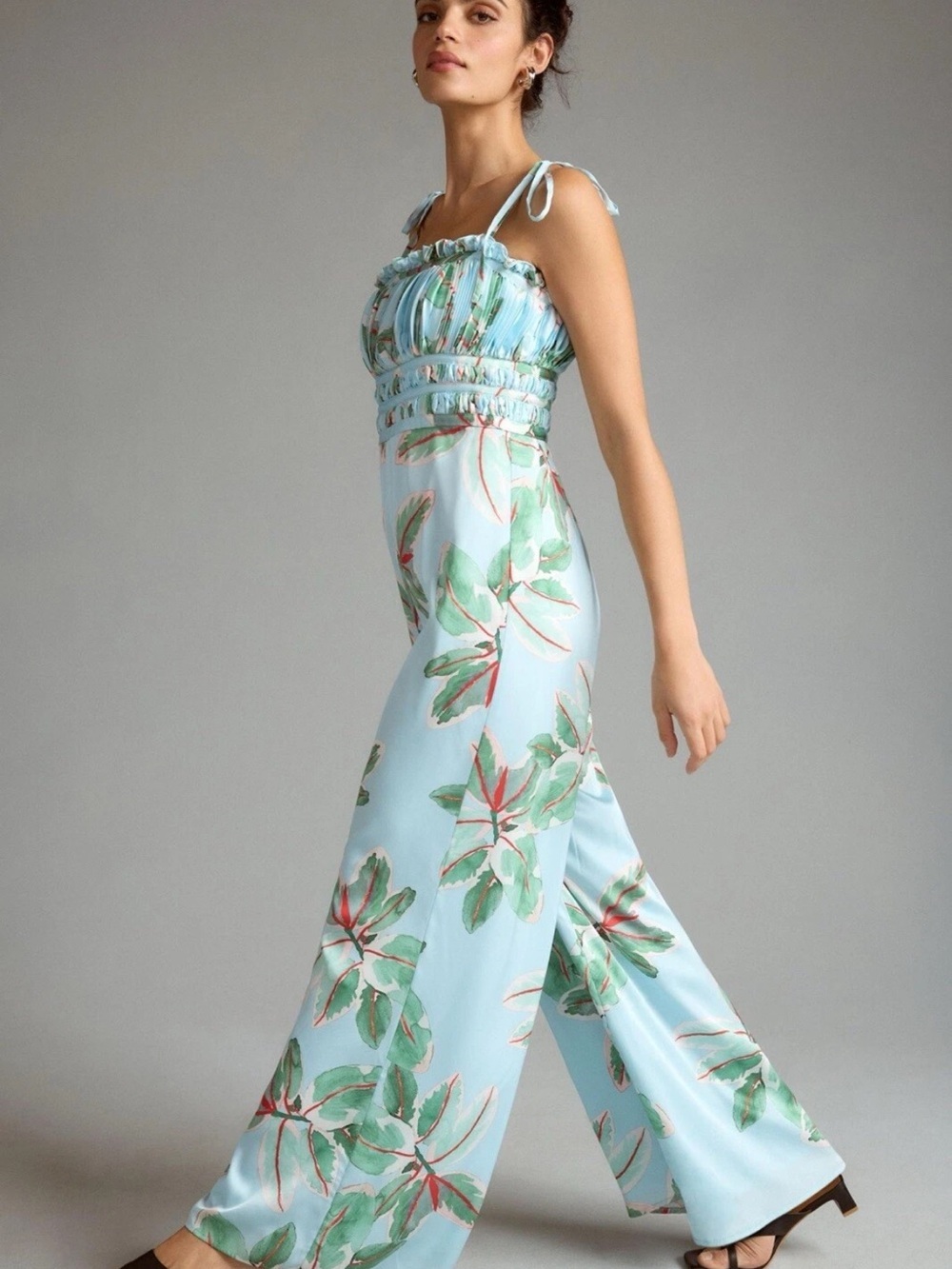 NWT Anthropologie Hutch Ruched Jumpsuit Size 4P Tropical Beach Boho Wide Leg